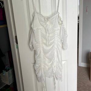 Size small, white lace dress with adjustable length and strapless sleeves